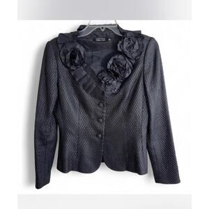 Rickie Freeman Teri Jon Black Textured Jacquard Blazer Jacket Satin Rosette SZ 4